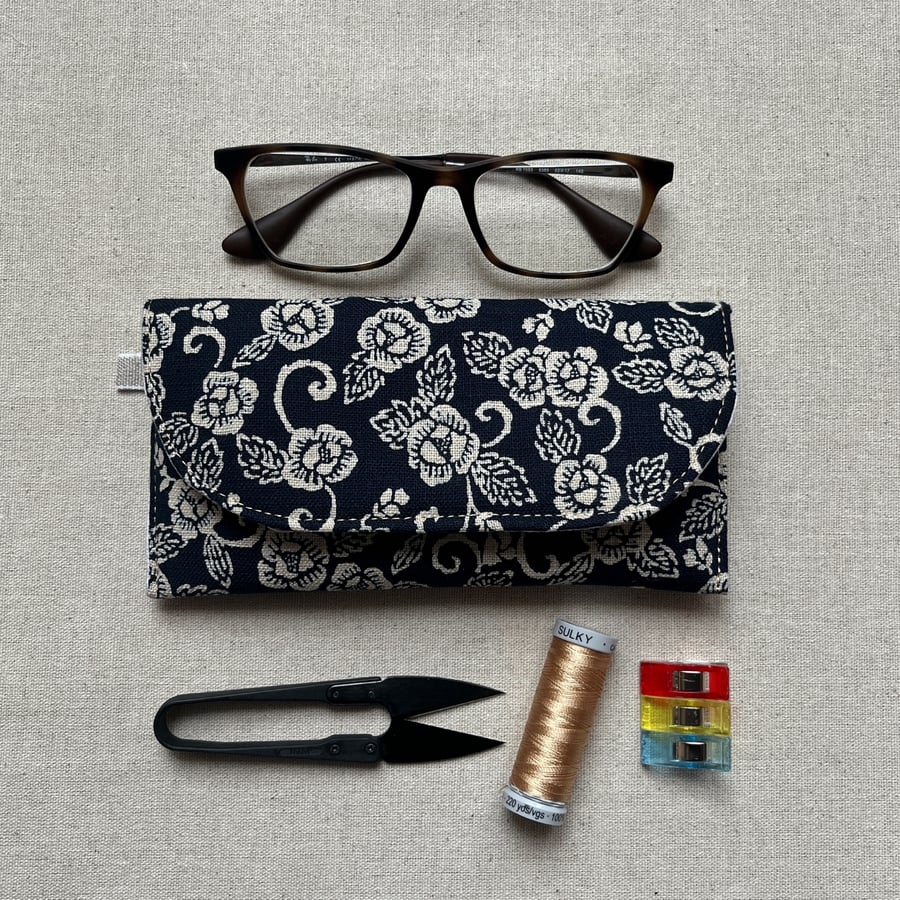 Glasses Case Japanese Fabric Flowers on Indigo
