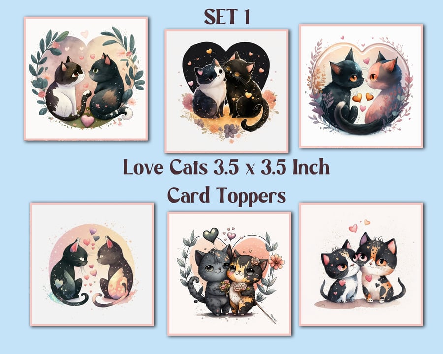 Love Cats Square Card Toppers for Valentine's Card Making, Tags, Journals