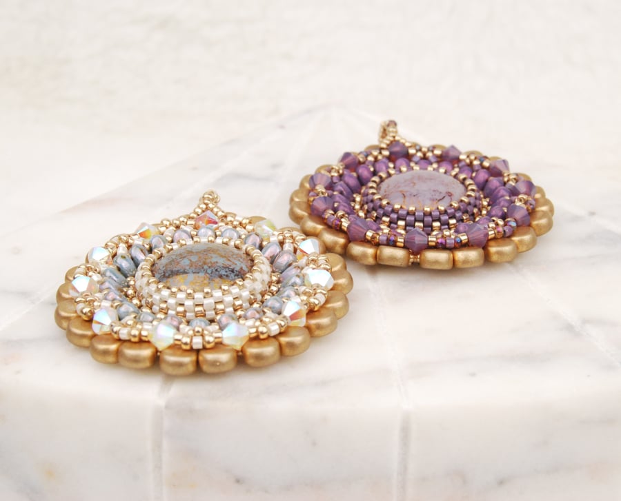 Beadwork pendant in gold with purple or blue, H... - Folksy