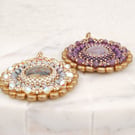 Beadwork pendant in gold with purple or blue, Handmade mandala style jewellery
