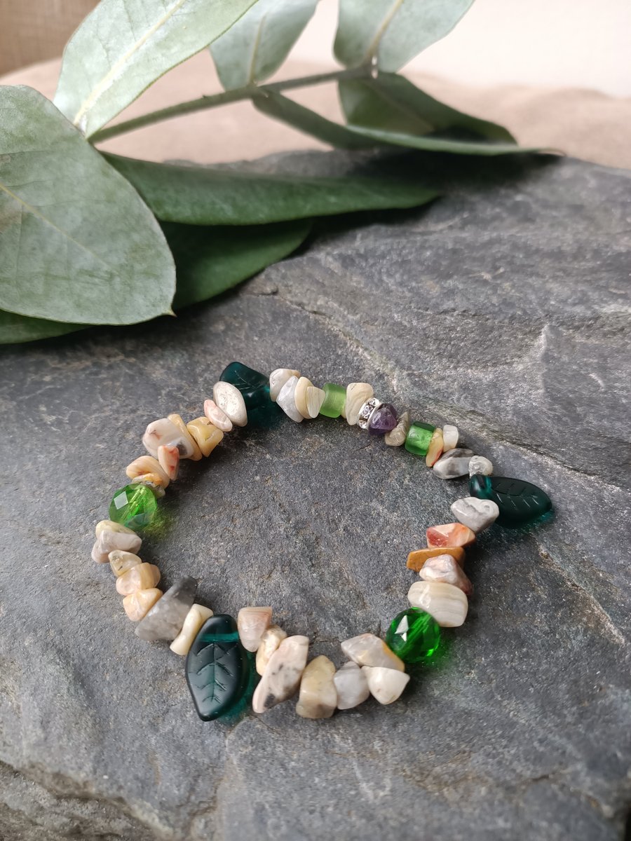 Jasper stone chips green glass leaf earth bracelet mindfullness jewellery