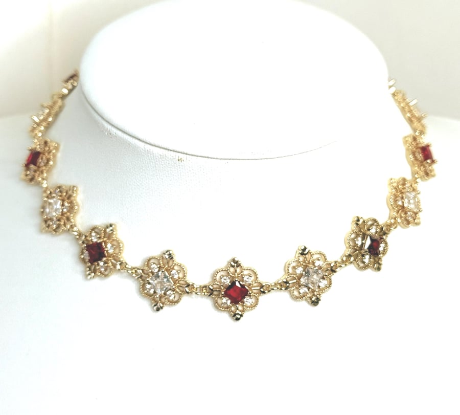 Ruby Red Crystal Gold Necklace, Regency Style 