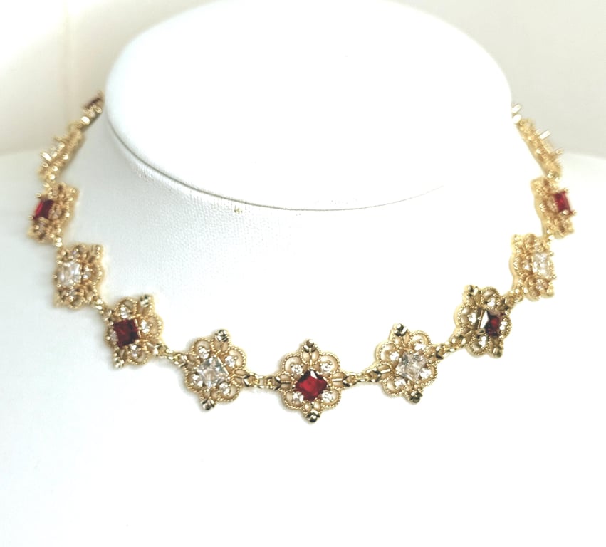 Ruby Red Crystal Gold Necklace, Regency Style 