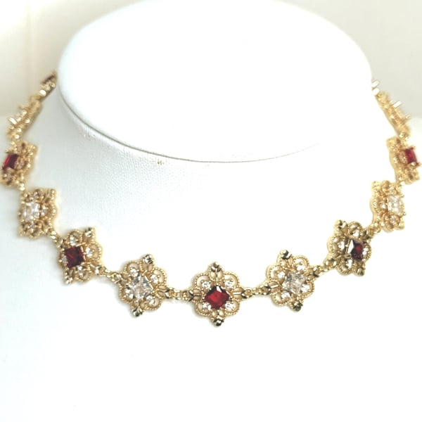 Ruby Red Crystal Gold Necklace, Regency Style 
