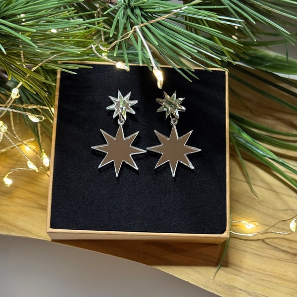 Double Star Christmas Acrylic Earrings - Silver