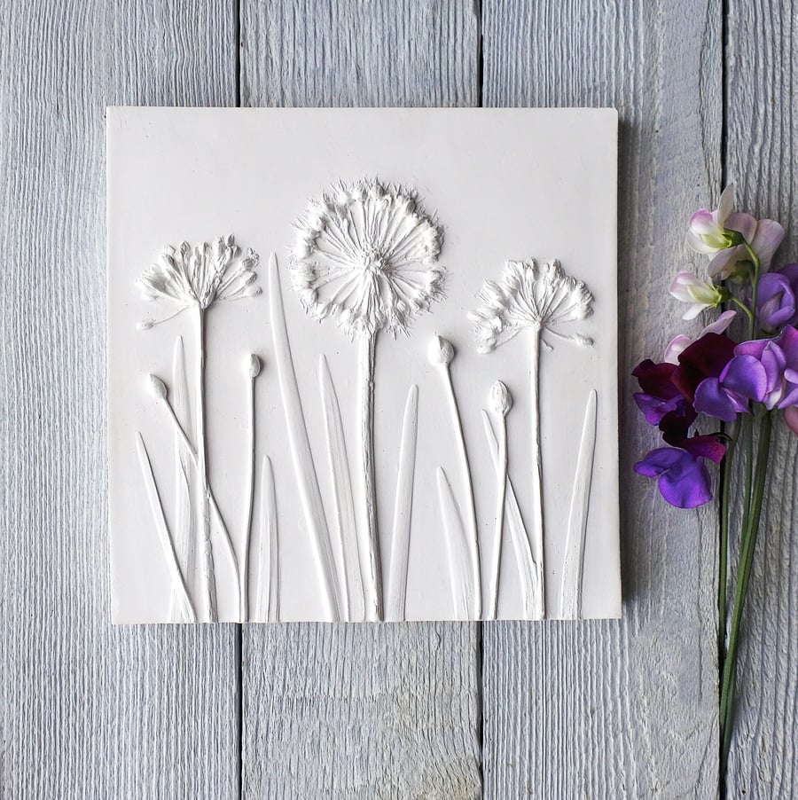 Allium & Chives Plaster Cast Wall Plaque: Botanical Art Tile