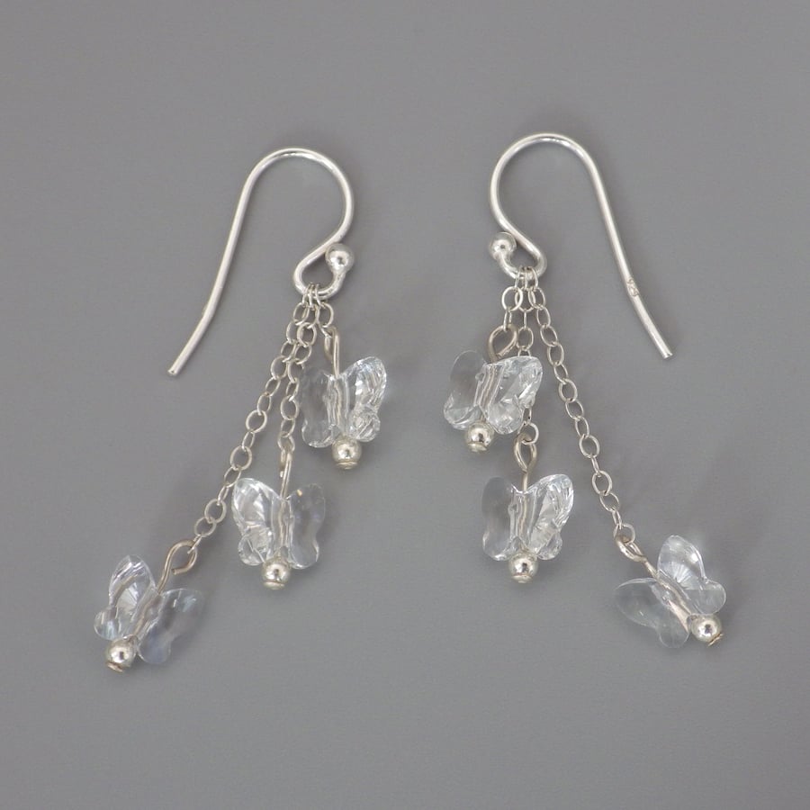 Three tier crystal Swarovski butterfly bead earrings with Sterling Silver
