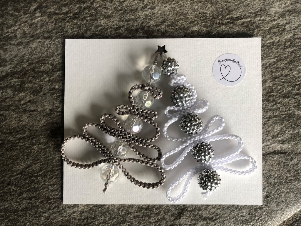 Macrame Christmas Trees, silver and white beaded 