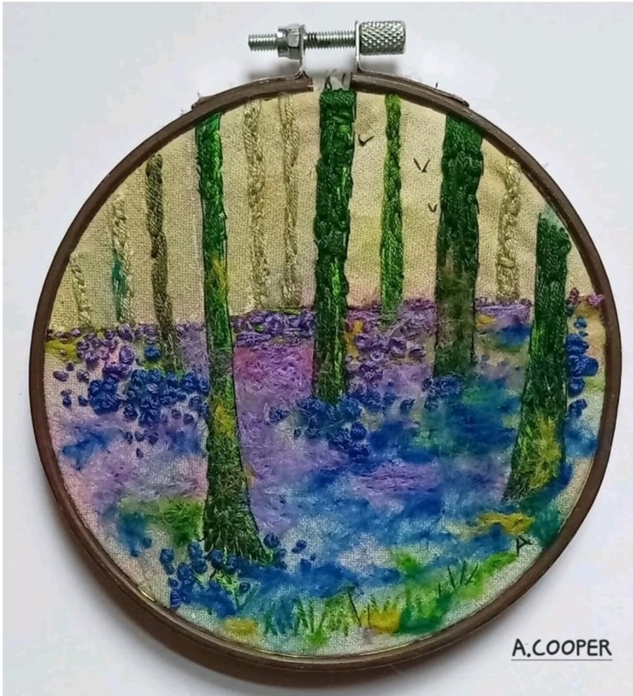 ,BLUEBELL WOOD, handmade, original, needle felted mixed media picture 
