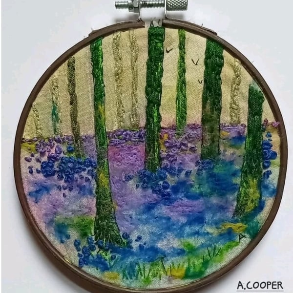 ,BLUEBELL WOOD, handmade, original, needle felted mixed media picture 