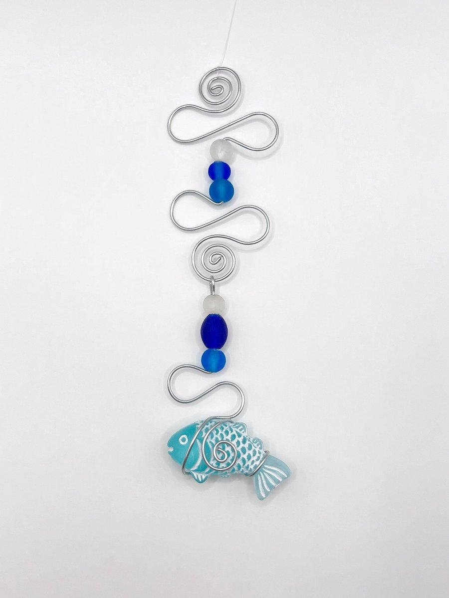 Fish and Wire Mobile with Blue and White Glass Beads