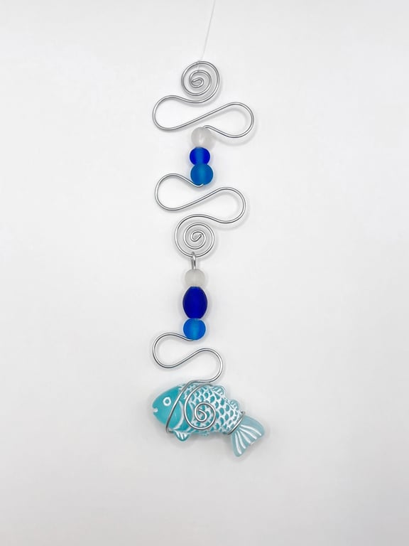 Fish and Wire Mobile with Blue and White Glass Beads