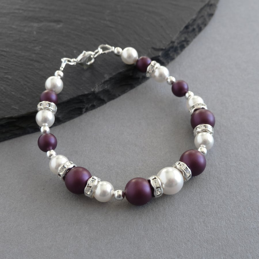 Plum Pearl and Crystal Bracelet - Aubergine Bridesmaid Gift - Purple Jewellery