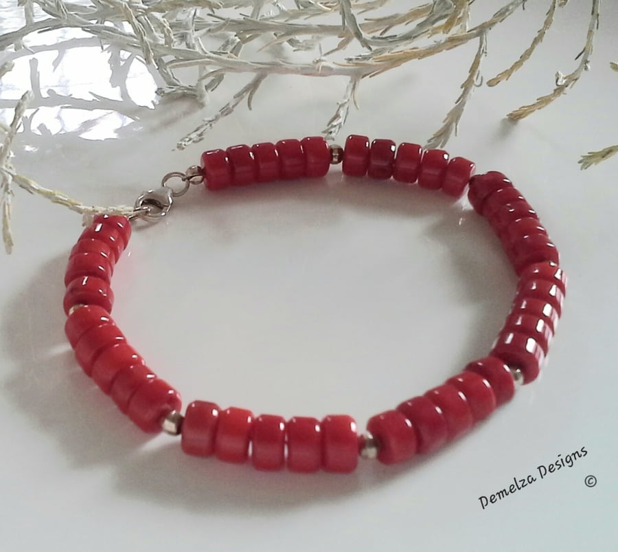  Eco Reclaimed Bamboo Rondelle Coral Sterling Silver Bracelet