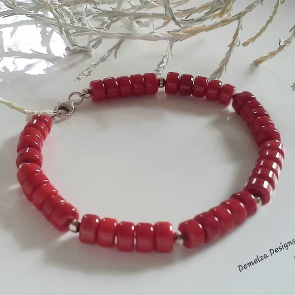  Eco Reclaimed Bamboo Rondelle Coral Sterling Silver Bracelet