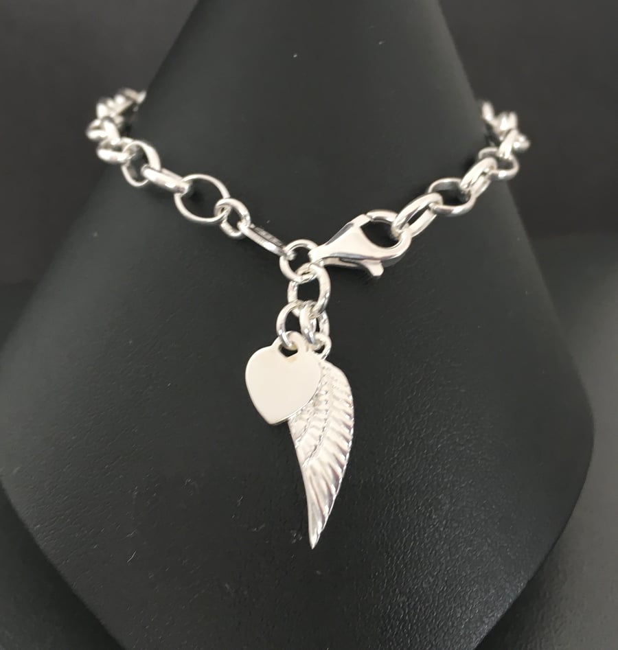 Sterling Silver Heart Angel Wing Charm Bracelet, Personalised Bracelet