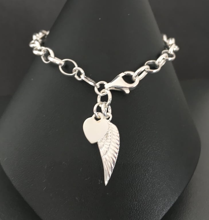 Sterling Silver Heart Angel Wing Charm Bracelet, Personalised Bracelet