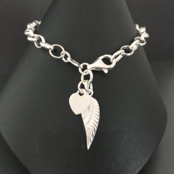 Sterling Silver Heart Angel Wing Charm Bracelet, Personalised Bracelet