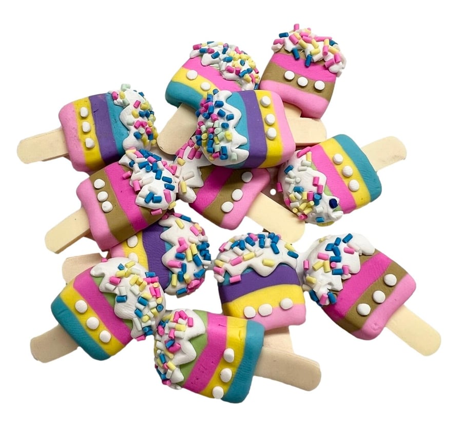 12pcs Kawaii Multi Coloured Popsicle Ice Lolly Polymer Clay Flatback Embellishme
