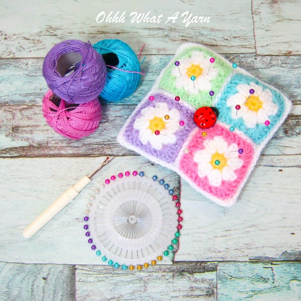 Daisy granny square crochet pin cushion.