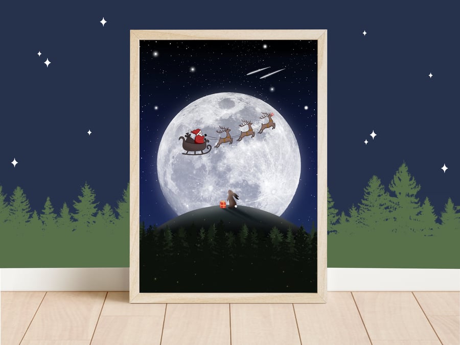 Santa Claus Wildlife Christmas Wall Art Print, Full Moon Hare Print.