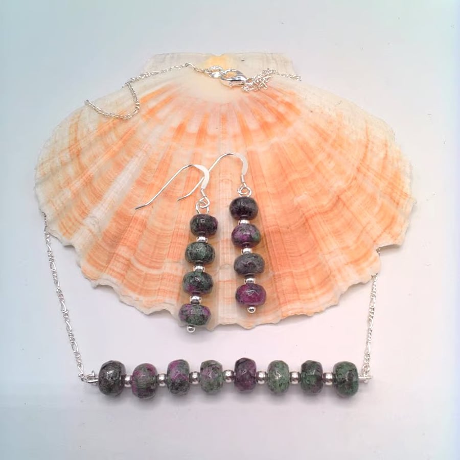 Image of Faceted Ruby in Zoisite Bar on 925 Silver Chain & Earrings, Gift for Her