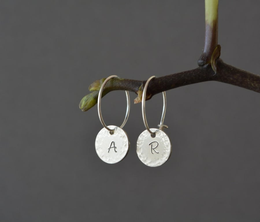 Personalised sterling silver initial disc hoop earrings, Hand stamped earrings