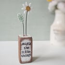 Clay Daisy Flower in a Printed Wood Block 'Enjoy the Little Things'