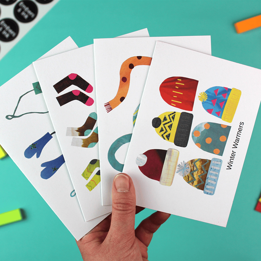 Winter Warmers Christmas Card Pack of four assorted collages.