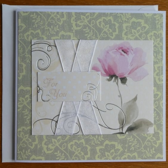 Pink Rose Card - For You - Birthday, Get Well 