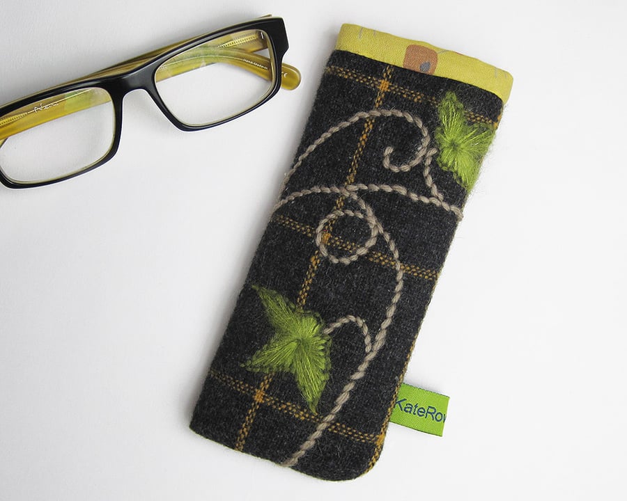 Check glasses case with hand embroidered ivy
