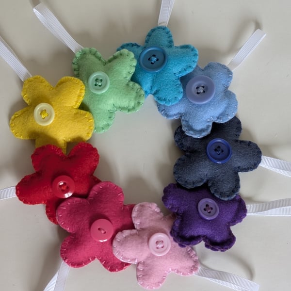 Handmade felt flower keyring in blue and purple