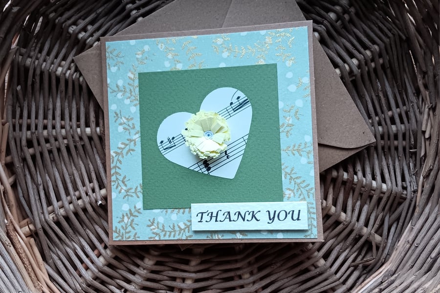 Thank You Card with Quilled Flower, Small Handmade Card Size 4" x 4"