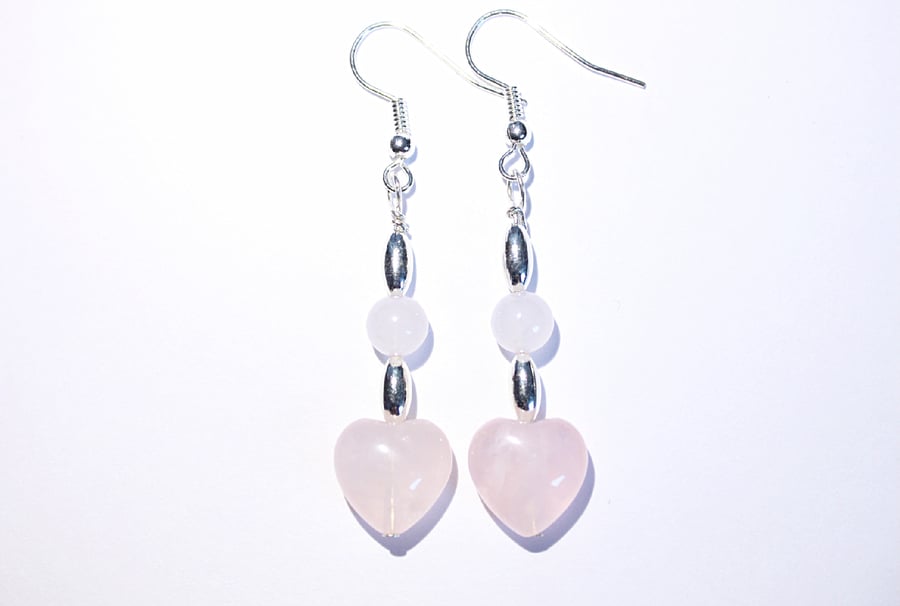 Rose quartz hearts and silver dangle earrings, Pastel pink and silver earrings