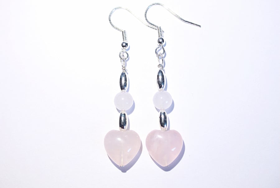 Rose quartz hearts and silver dangle earrings, Pastel pink and silver earrings