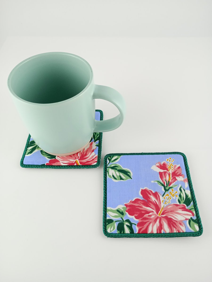 Set of 4 Flower Coasters Backed With Green Felt.