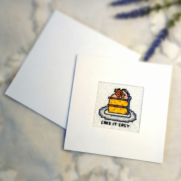 Handmade Cross Stitch Card Cake It Easy Funny Birthday Gift For Friend Baker Pun