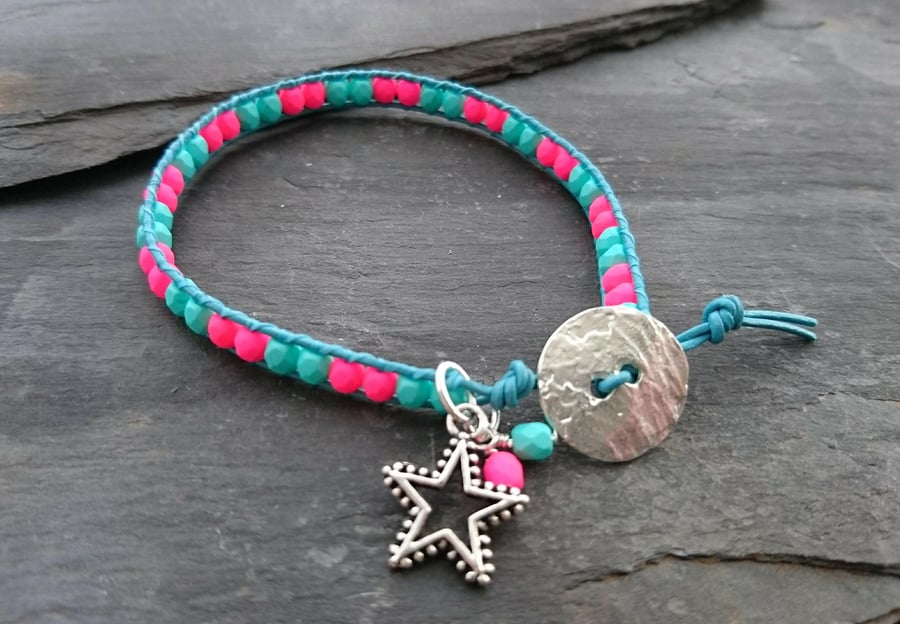 Hot neon pink and turquoise leather and bead bracelet, star charm