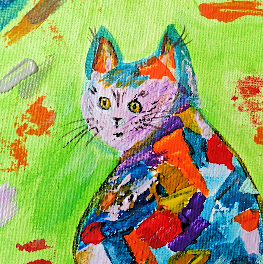 Original Painting Patchwork Cat Cutest Small Acrylic Signed