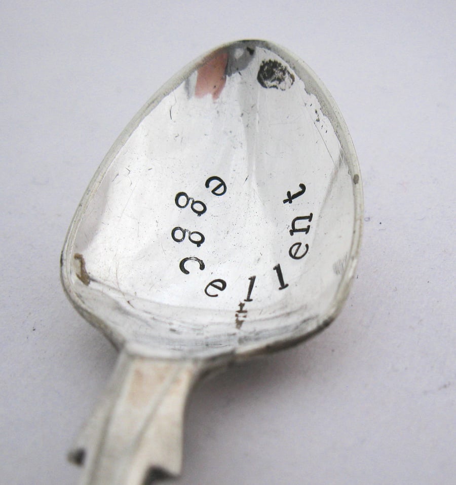 Hand stamped egg spoon, eggcellent, antique coffeespoon with words