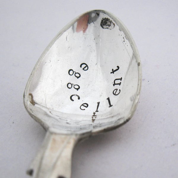 Hand stamped egg spoon, eggcellent, antique coffeespoon with words