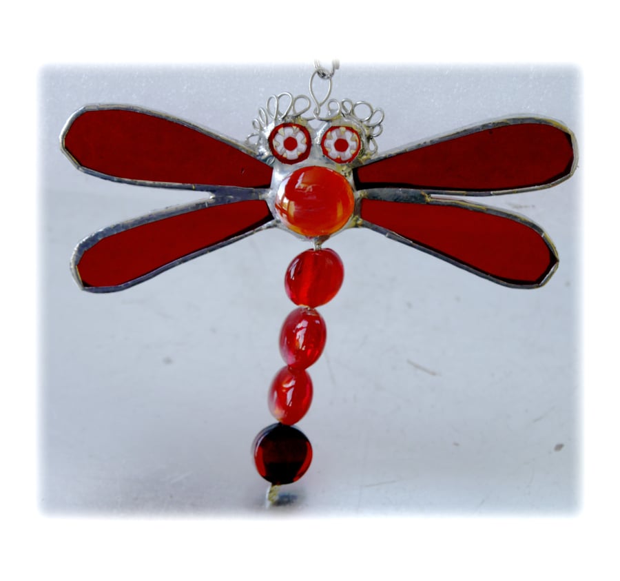 Dragonfly Suncatcher Stained Glass Red Bead-Tailed 028