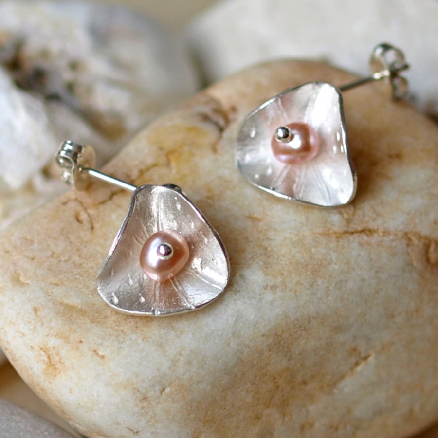 Silver Button and Pink Freshwater Pearl Earrings - handmade jewellery gifts