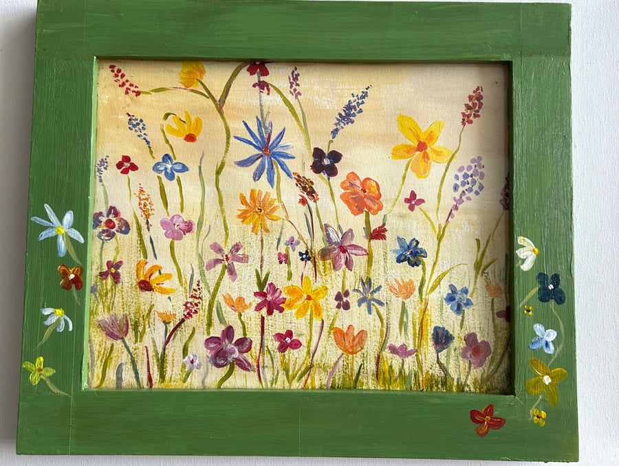 Image of Original hand painted wildflower meadow . Framed.