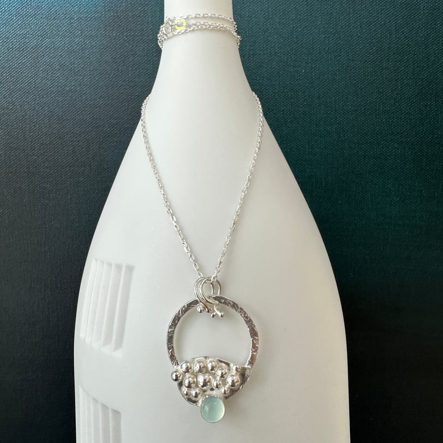 Fused sterling silver granulation pendant, chalcedony cabochon setting, handmade