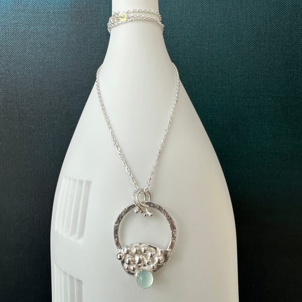 Fused sterling silver granulation pendant, chalcedony cabochon setting, handmade