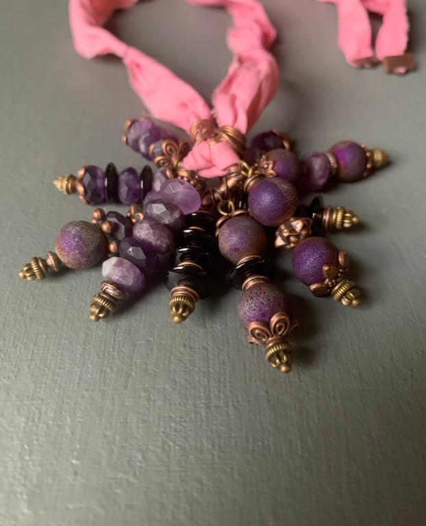 Necklace - Amethyst and drusy quartz deep purple cluster