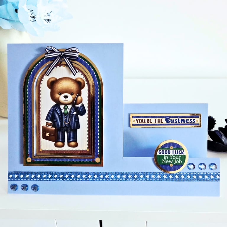 "Good Luck In Your New Job" Blue Handmade Stepper Card With Teddy Bear In Suit