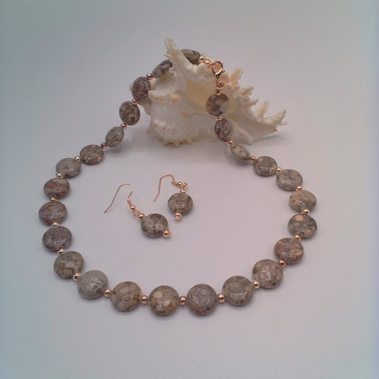 Pinky Brown Fossil Jasper & Gold Bead Necklace and Earrings Set, Gift for Her