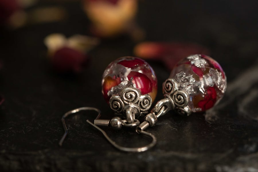 Rose Petal and Silver Leaf Resin Dangle Earrings